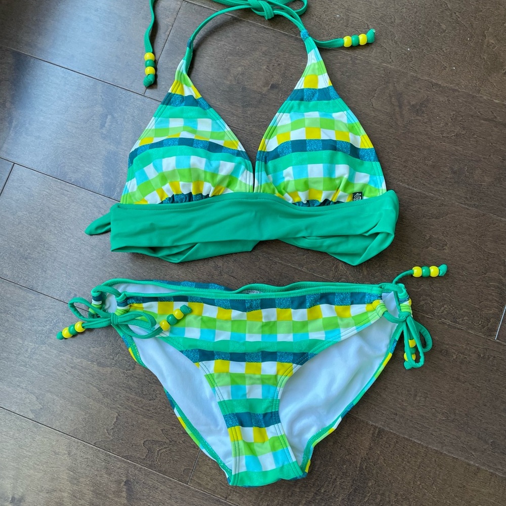 La Vie en Rose Aqua size small plaid halter bikini